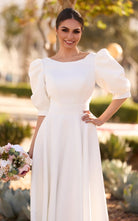 Elegant Bateau A Line Satin Knee - length Wedding Dress - KissProm