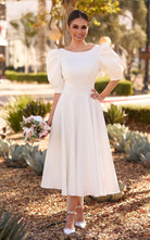 Elegant Bateau A Line Satin Knee - length Wedding Dress - KissProm