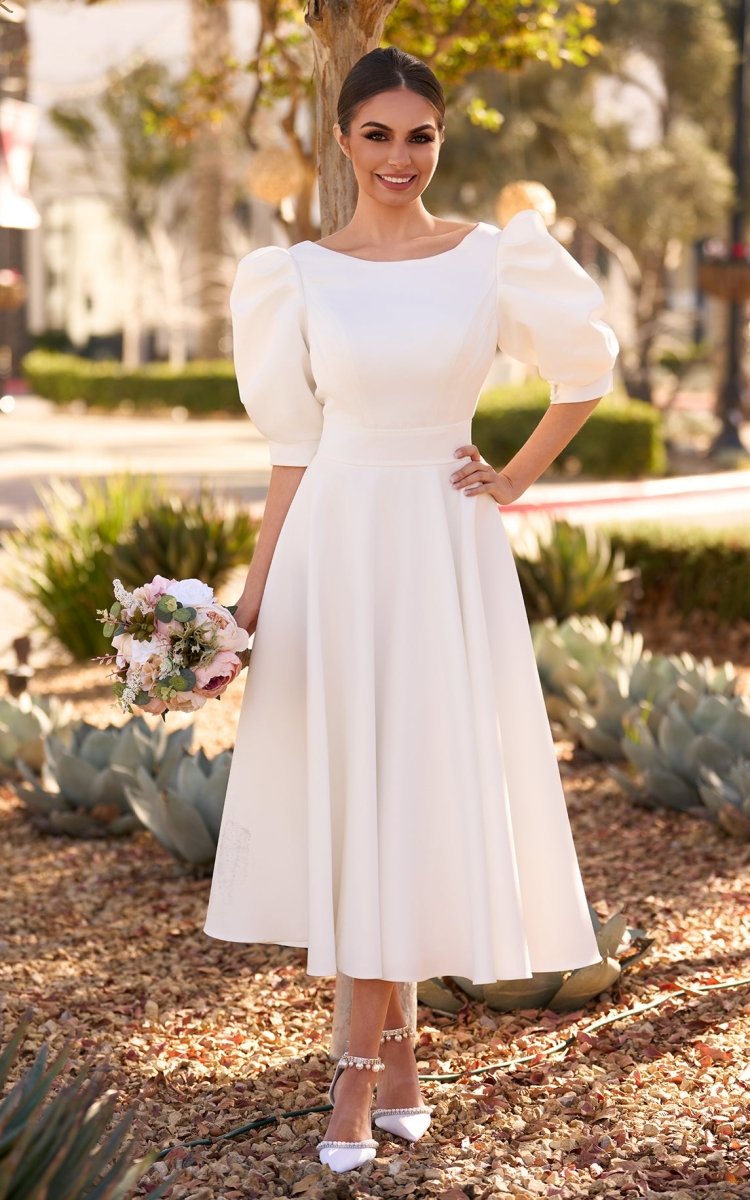 Elegant Bateau A Line Satin Knee - length Wedding Dress - KissProm