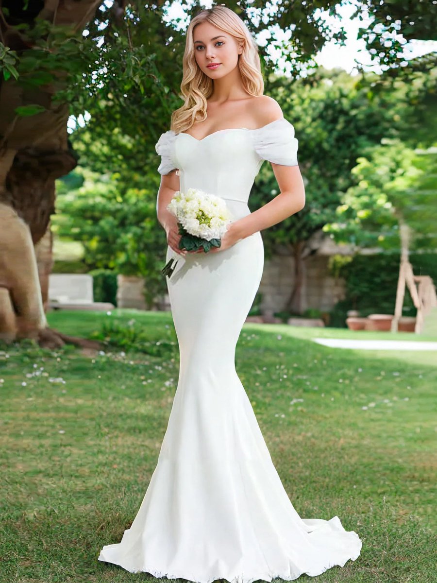 KissDress-Elegant Mermaid Sweetheart Sexy Off-the-Shoulder Wrap-Around Satin Wedding Dress