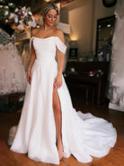 KissDress-Elegant White Off-the-Shoulder Long Wedding Dress with Slit