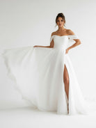 KissDress-Elegant White Off-the-Shoulder Long Wedding Dress with Slit