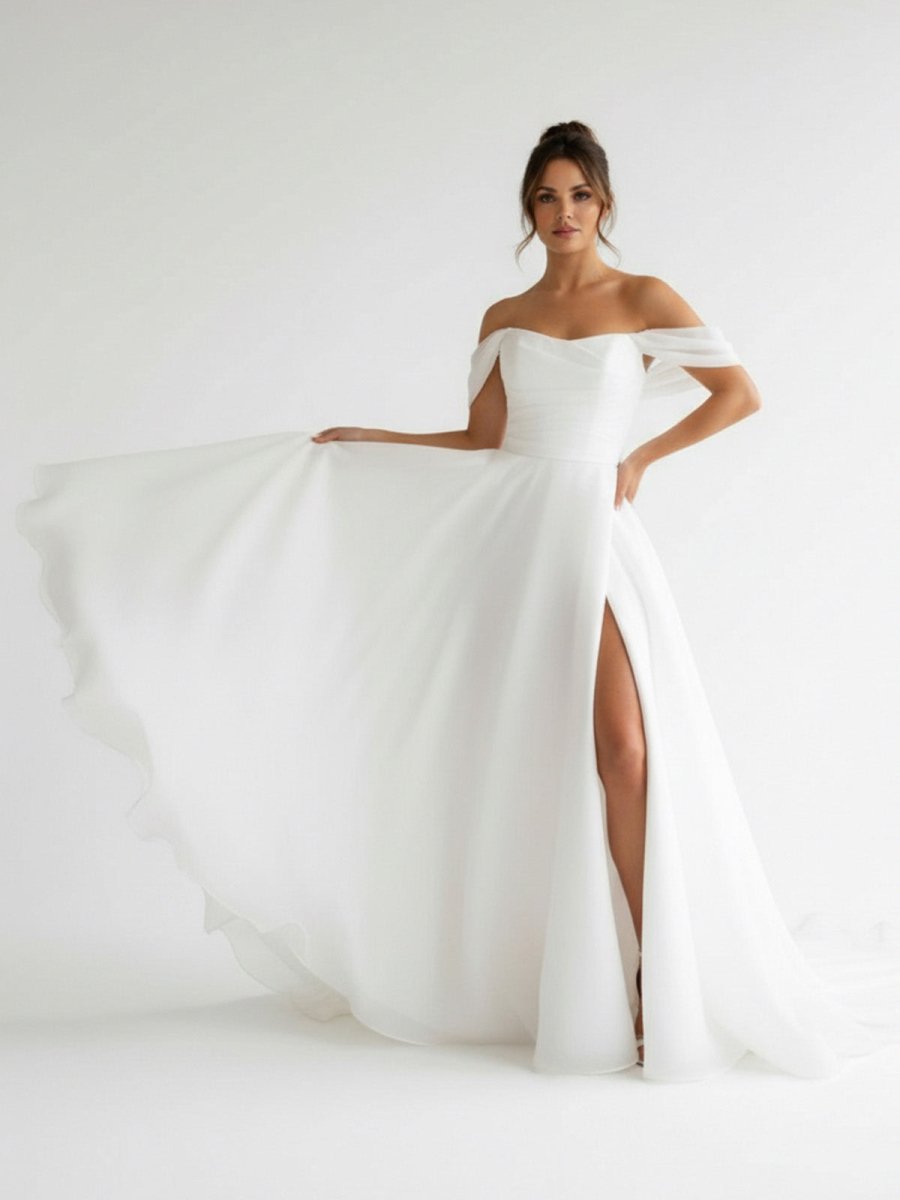 KissDress-Elegant White Off-the-Shoulder Long Wedding Dress with Slit