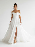 KissDress-Elegant White Off-the-Shoulder Long Wedding Dress with Slit