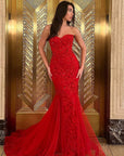Mermaid Sweetheart Red Lace Long Prom Dresses