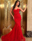 Mermaid Sweetheart Red Lace Long Prom Dresses