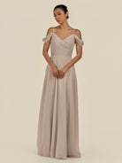 KissDress-Elvani Almond A Line Chiffon Off the Shoulder Long Bridesmaid Dress with Pleats