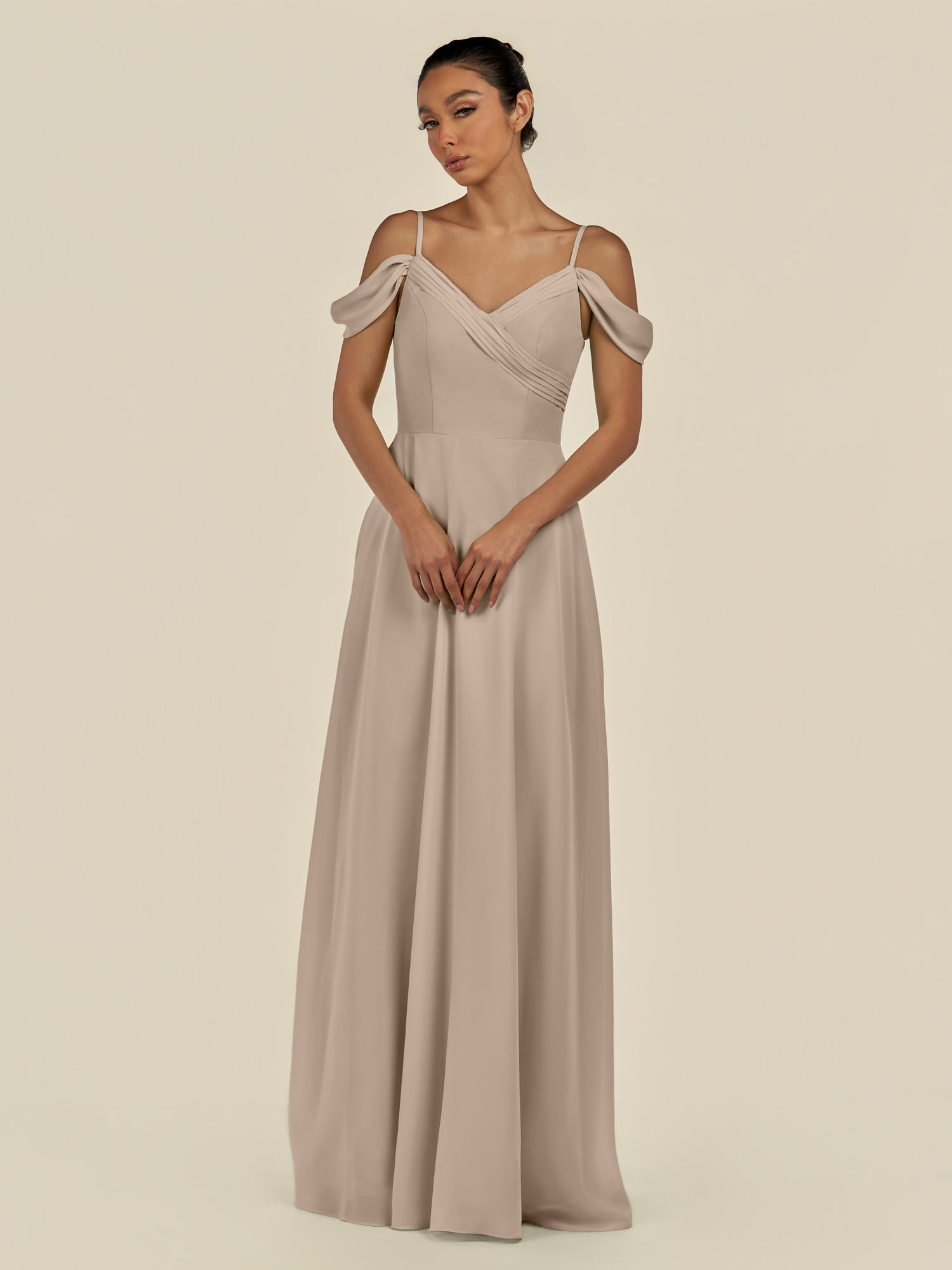 KissDress-Elvani Almond A Line Chiffon Off the Shoulder Long Bridesmaid Dress with Pleats