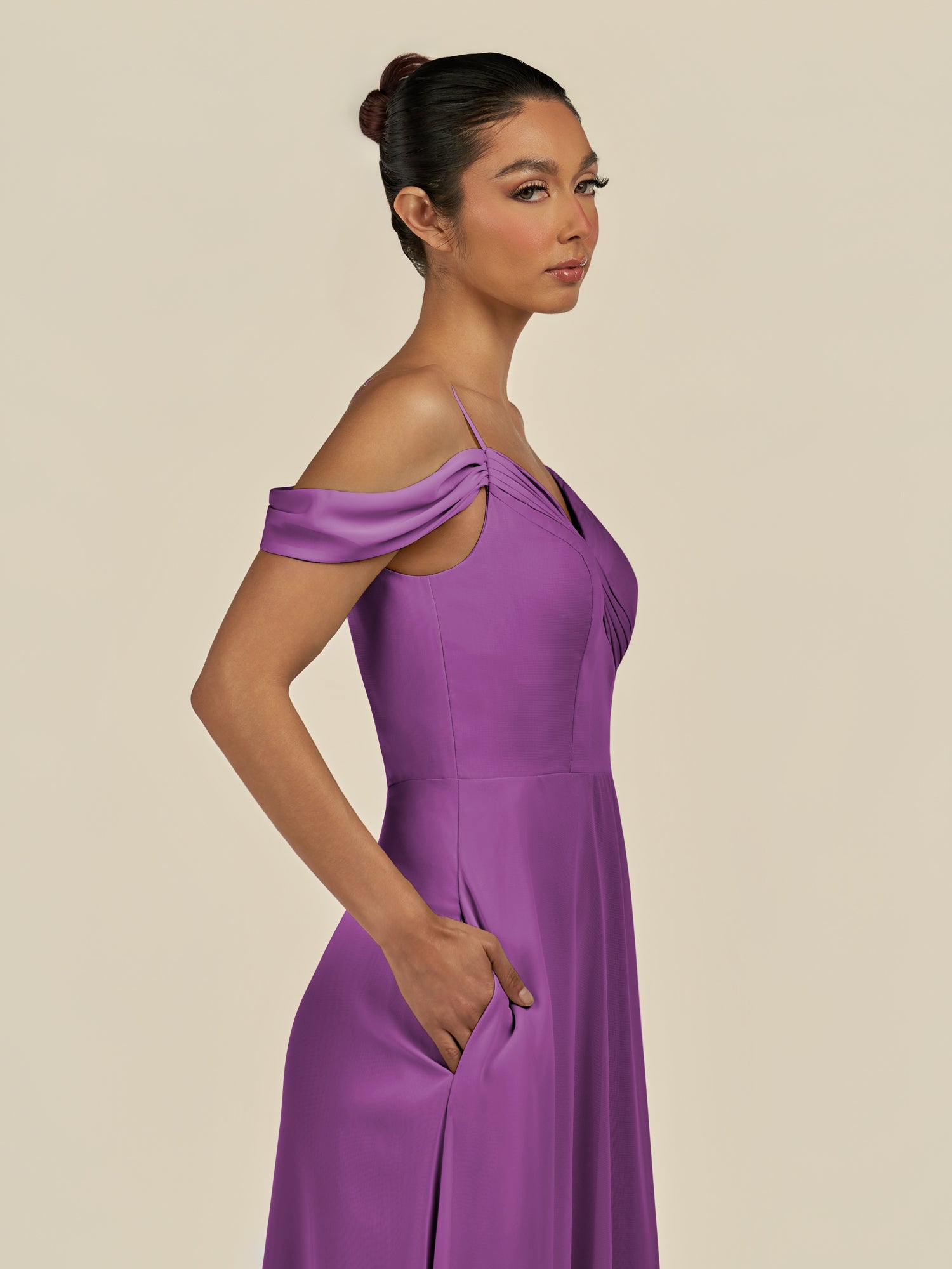 KissDress-Elvani Amethyst A Line Chiffon Off the Shoulder Long Bridesmaid Dress with Pleats