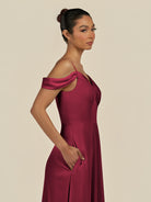 KissDress-Elvani Berry A Line Chiffon Off the Shoulder Long Bridesmaid Dress with Pleats