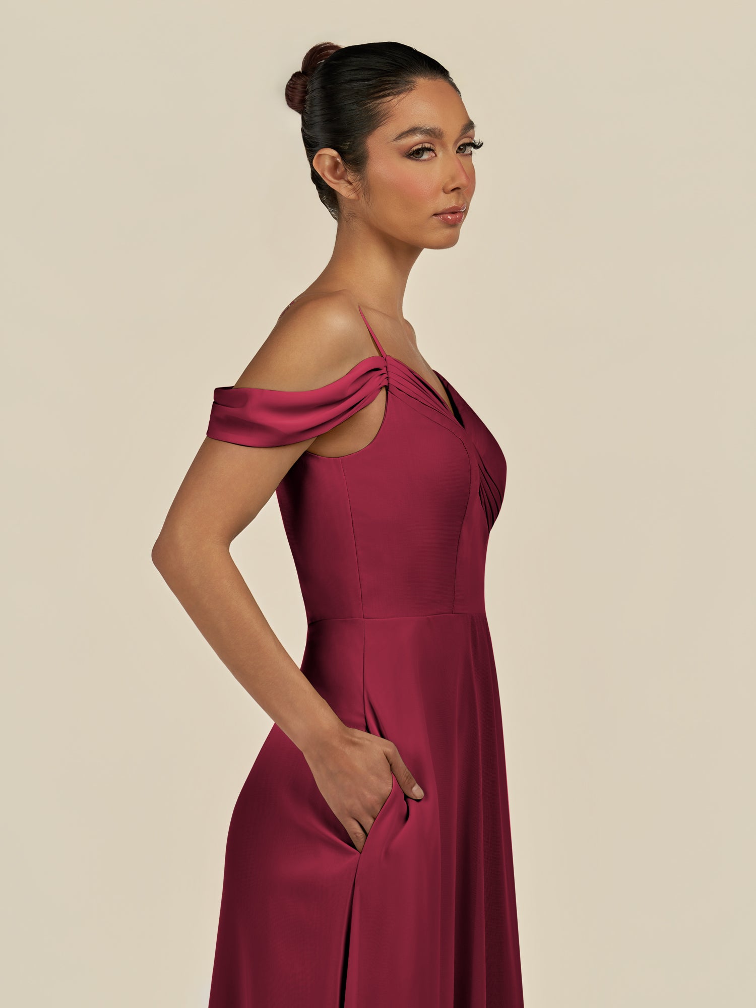 KissDress-Elvani Berry A Line Chiffon Off the Shoulder Long Bridesmaid Dress with Pleats