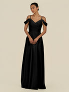 KissDress-Elvani Black A Line Chiffon Off the Shoulder Long Bridesmaid Dress with Pleats