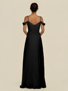 KissDress-Elvani Black A Line Chiffon Off the Shoulder Long Bridesmaid Dress with Pleats