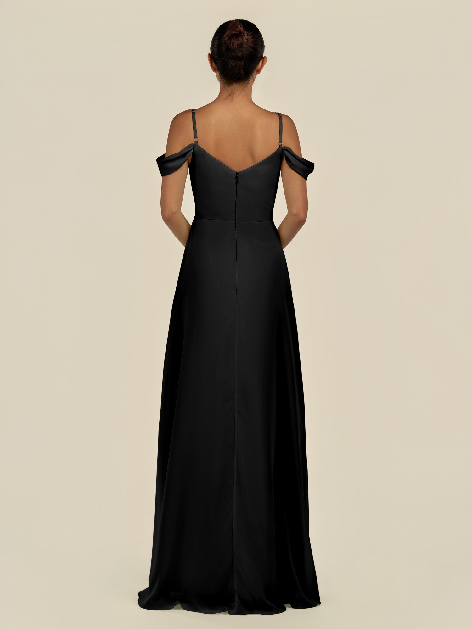 KissDress-Elvani Black A Line Chiffon Off the Shoulder Long Bridesmaid Dress with Pleats
