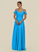 KissDress-Elvani Blue Jay A Line Chiffon Off the Shoulder Long Bridesmaid Dress with Pleats
