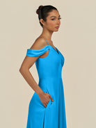 KissDress-Elvani Blue Jay A Line Chiffon Off the Shoulder Long Bridesmaid Dress with Pleats
