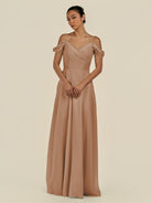KissDress-Elvani Bronzer A Line Chiffon Off the Shoulder Long Bridesmaid Dress with Pleats