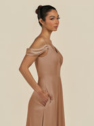 KissDress-Elvani Bronzer A Line Chiffon Off the Shoulder Long Bridesmaid Dress with Pleats