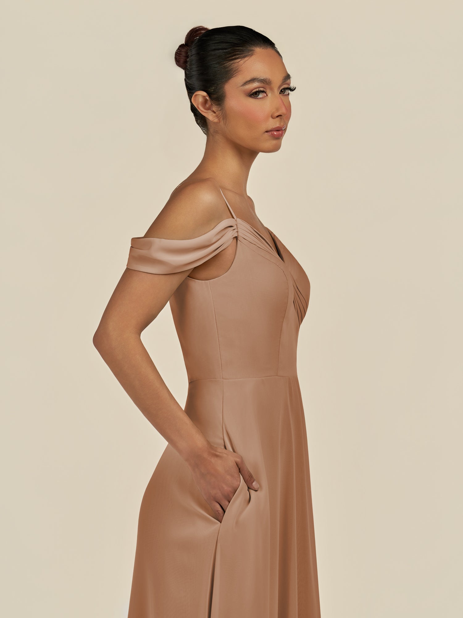 KissDress-Elvani Bronzer A Line Chiffon Off the Shoulder Long Bridesmaid Dress with Pleats