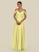 KissDress-Elvani Buttercup A Line Chiffon Off the Shoulder Long Bridesmaid Dress with Pleats