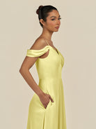KissDress-Elvani Buttercup A Line Chiffon Off the Shoulder Long Bridesmaid Dress with Pleats