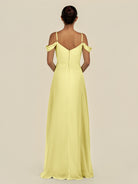 KissDress-Elvani Buttercup A Line Chiffon Off the Shoulder Long Bridesmaid Dress with Pleats