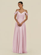 KissDress-Elvani Candy Pink A Line Chiffon Off the Shoulder Long Bridesmaid Dress with Pleats