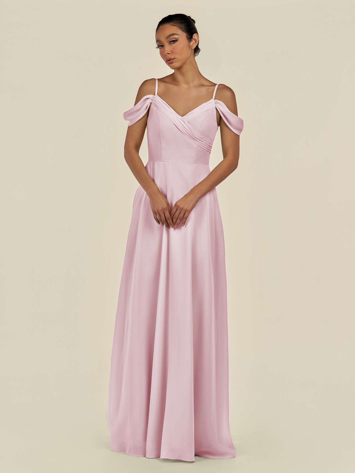 KissDress-Elvani Candy Pink A Line Chiffon Off the Shoulder Long Bridesmaid Dress with Pleats