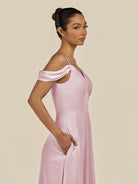 KissDress-Elvani Candy Pink A Line Chiffon Off the Shoulder Long Bridesmaid Dress with Pleats