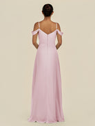 KissDress-Elvani Candy Pink A Line Chiffon Off the Shoulder Long Bridesmaid Dress with Pleats