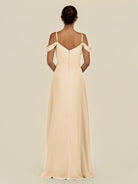 KissDress-Elvani Champagne A Line Chiffon Off the Shoulder Long Bridesmaid Dress with Pleats