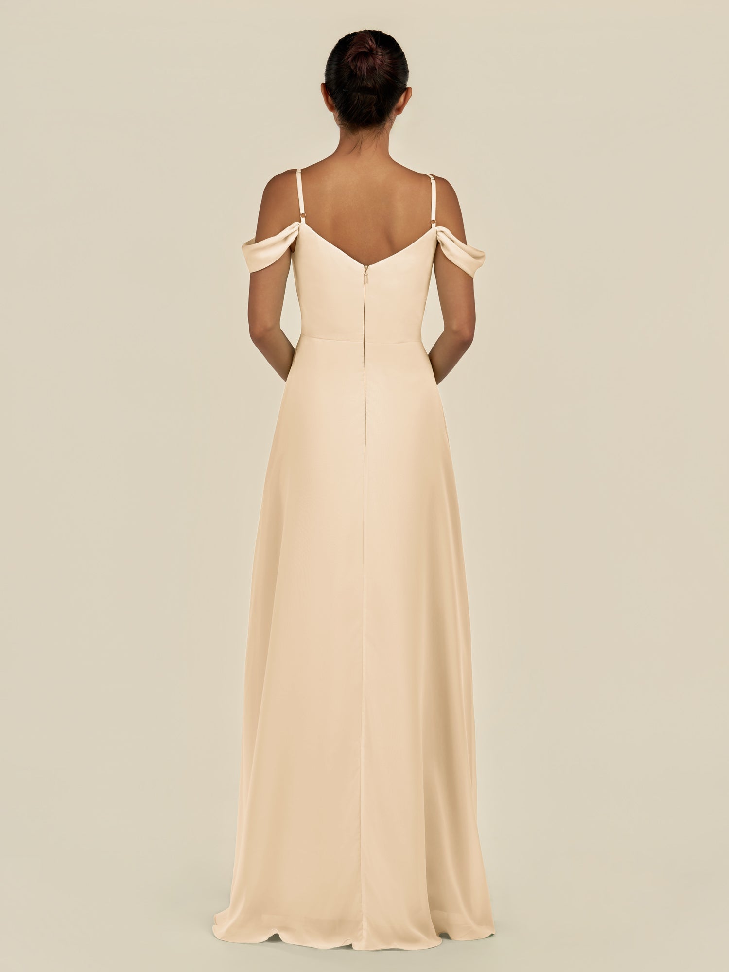 KissDress-Elvani Champagne A Line Chiffon Off the Shoulder Long Bridesmaid Dress with Pleats