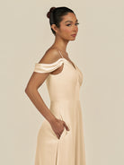 KissDress-Elvani Champagne A Line Chiffon Off the Shoulder Long Bridesmaid Dress with Pleats