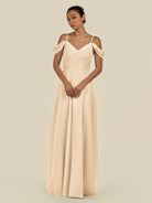 KissDress-Elvani Champagne A Line Chiffon Off the Shoulder Long Bridesmaid Dress with Pleats