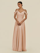 KissDress-Elvani Champagne Rose A Line Chiffon Off the Shoulder Long Bridesmaid Dress with Pleats