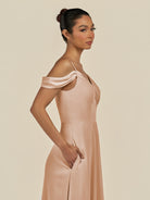 KissDress-Elvani Champagne Rose A Line Chiffon Off the Shoulder Long Bridesmaid Dress with Pleats