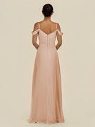 KissDress-Elvani Champagne Rose A Line Chiffon Off the Shoulder Long Bridesmaid Dress with Pleats