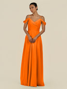 KissDress-Elvani Cinnamon A Line Chiffon Off the Shoulder Long Bridesmaid Dress with Pleats