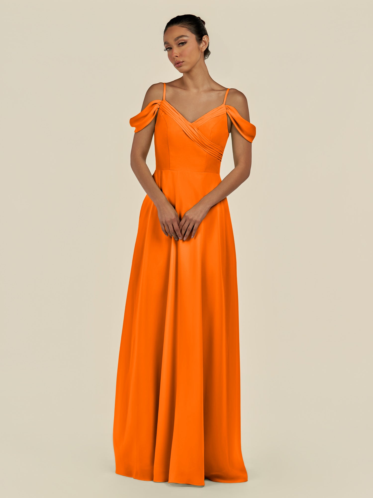KissDress-Elvani Cinnamon A Line Chiffon Off the Shoulder Long Bridesmaid Dress with Pleats