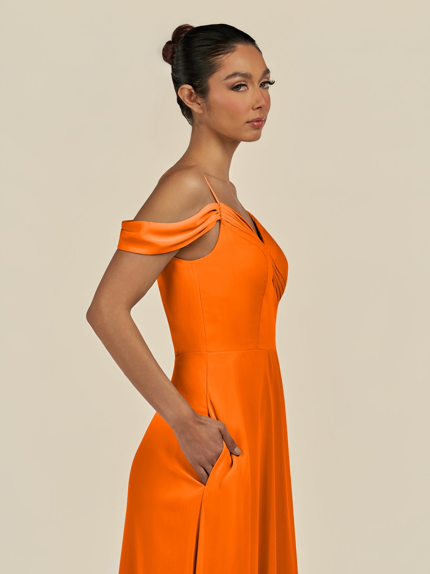 KissDress-Elvani Cinnamon A Line Chiffon Off the Shoulder Long Bridesmaid Dress with Pleats