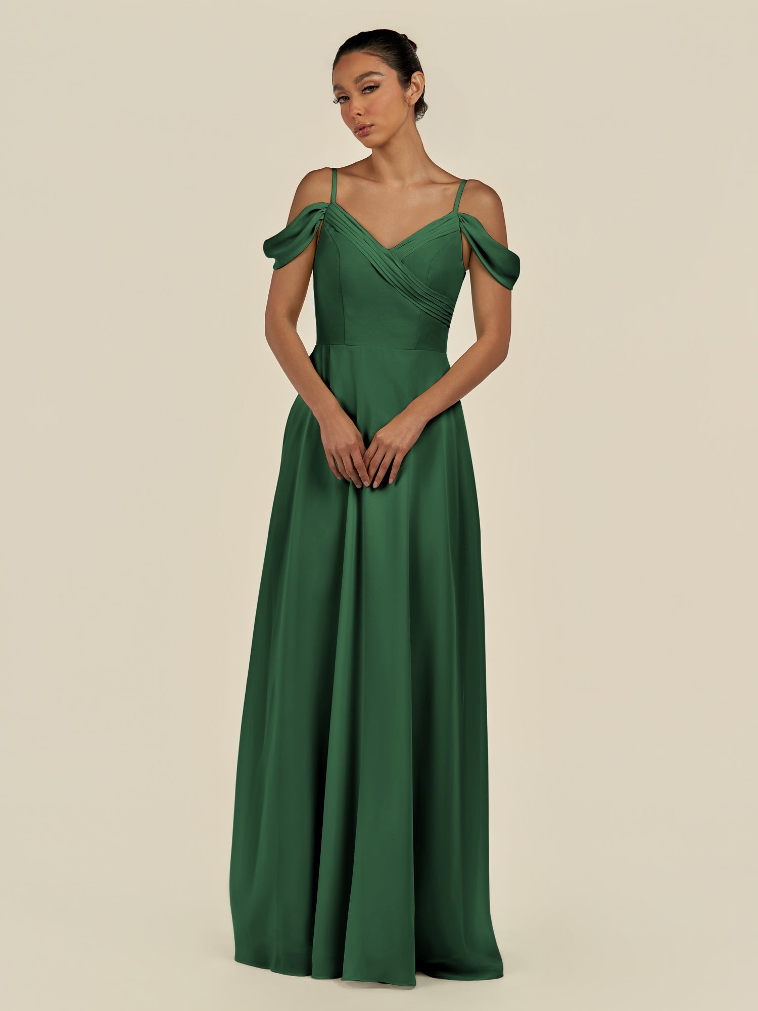 KissDress-Elvani Dark Green A Line Chiffon Off the Shoulder Long Bridesmaid Dress with Pleats