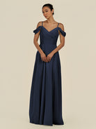 KissDress-Elvani Dark Navy A Line Chiffon Off the Shoulder Long Bridesmaid Dress with Pleats