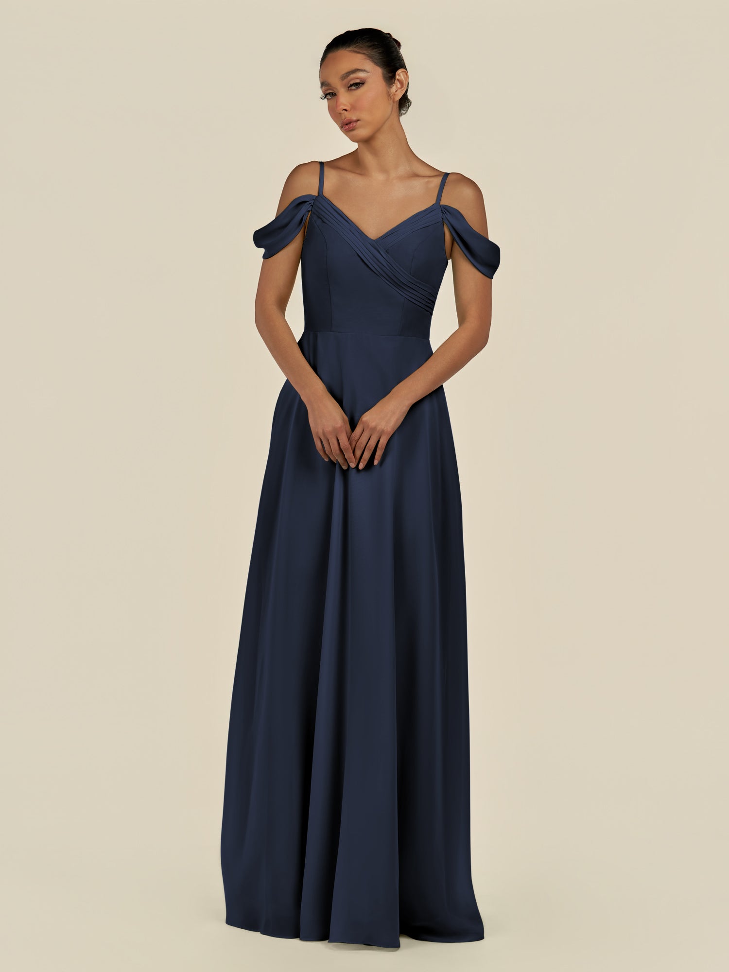 KissDress-Elvani Dark Navy A Line Chiffon Off the Shoulder Long Bridesmaid Dress with Pleats