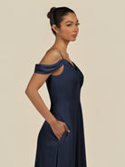 KissDress-Elvani Dark Navy A Line Chiffon Off the Shoulder Long Bridesmaid Dress with Pleats