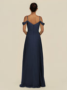 KissDress-Elvani Dark Navy A Line Chiffon Off the Shoulder Long Bridesmaid Dress with Pleats