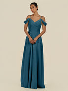 KissDress-Elvani Dark Teal A Line Chiffon Off the Shoulder Long Bridesmaid Dress with Pleats