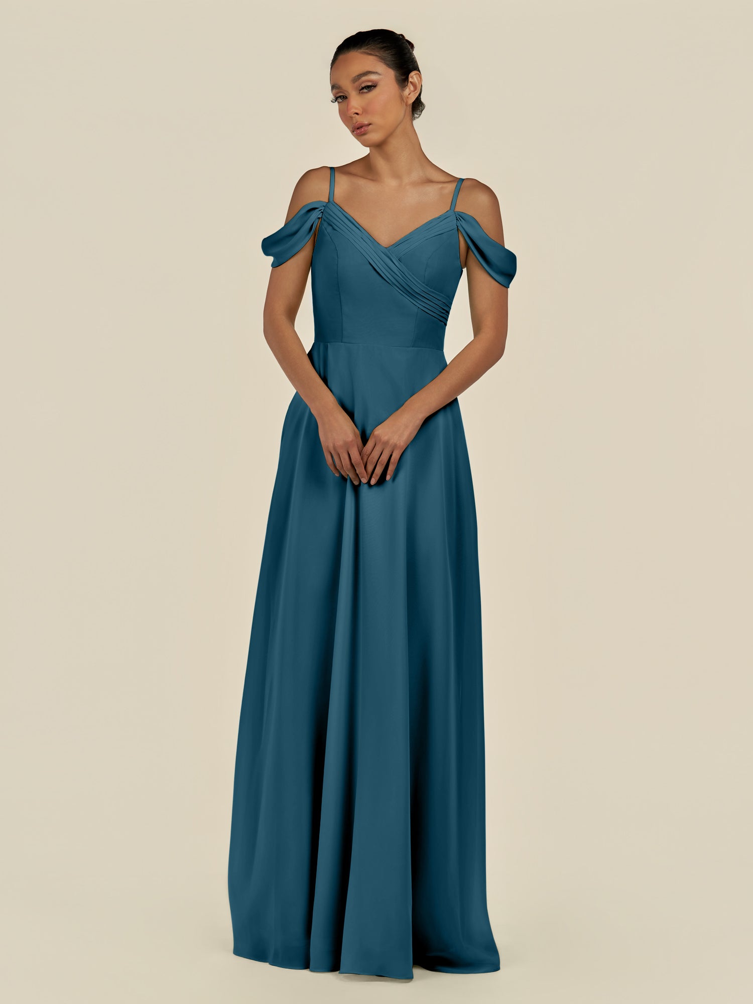 KissDress-Elvani Dark Teal A Line Chiffon Off the Shoulder Long Bridesmaid Dress with Pleats