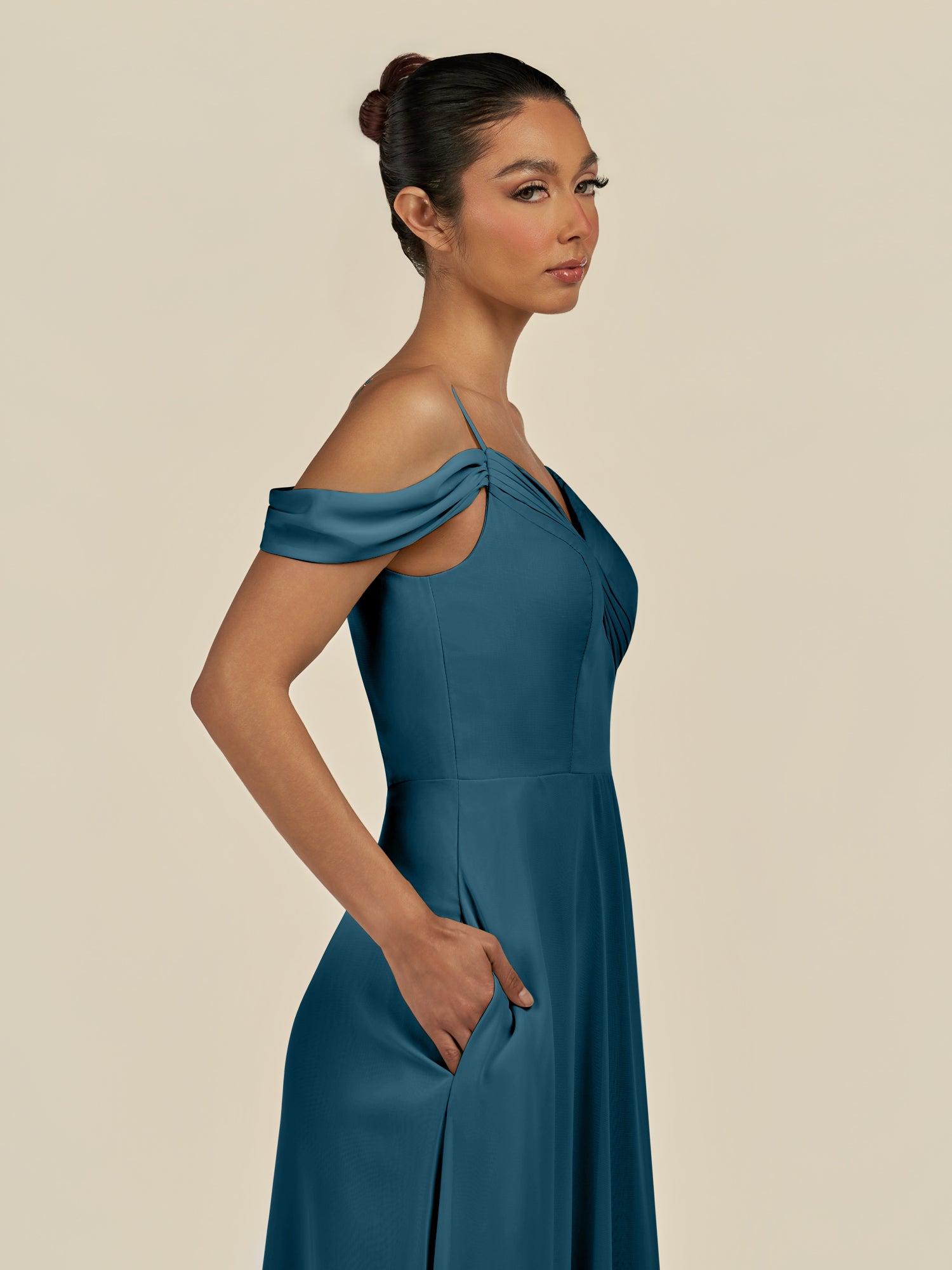 KissDress-Elvani Dark Teal A Line Chiffon Off the Shoulder Long Bridesmaid Dress with Pleats