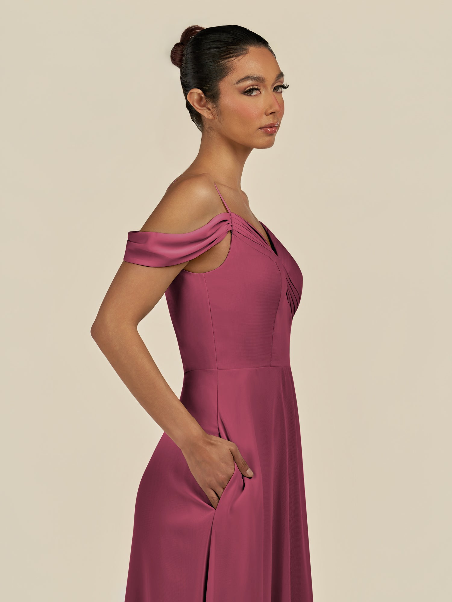 KissDress-Elvani Desert Rose A Line Chiffon Off the Shoulder Long Bridesmaid Dress with Pleats