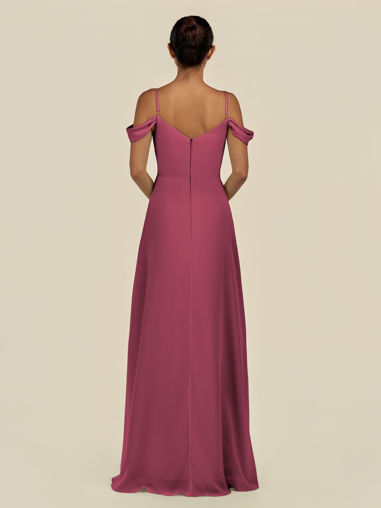 KissDress-Elvani Desert Rose A Line Chiffon Off the Shoulder Long Bridesmaid Dress with Pleats